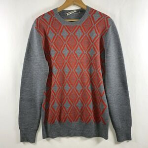 Mr Turk Mens Merino Wool Argyle Crewneck Sweater Size S Gray Red Retro Preppy